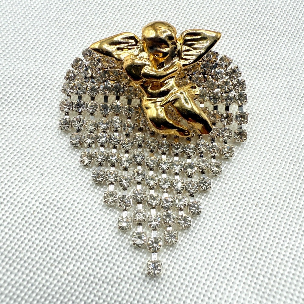 Vintage Gold Tone Angel Cherub Pin w/ Heart-Shaped Rhinestone Dangling Fringe